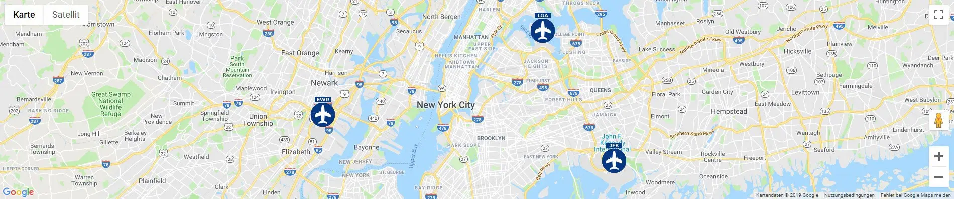 New York Karte mit den 3 Flughäfen JFK, EWR und LGA